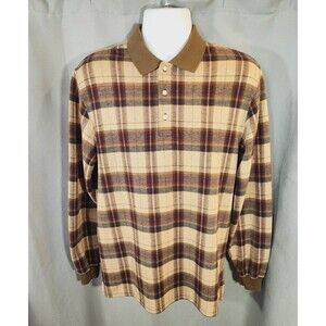 Lands End‎ Shirt Mens Medium Beige Red Plaid Long Sleeve Polo Rugby Made USA